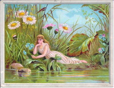 Victorian Greeting Card of a Fairy Reclining by a Stream with Grasses and Daisies by English School