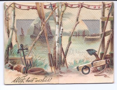 A Victorian greeting card of sailing ships seen through a gauze screen, c.1880 by English School