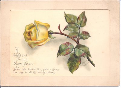 A Victorian Hold-to-Light New Year Card of a Yellow Rose by English School