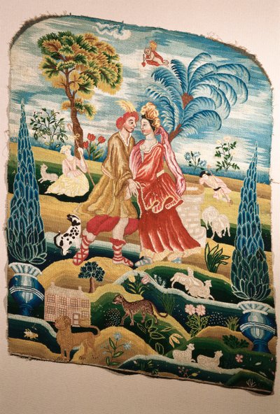 A chair back or panel for a screen, depicting a couple in love by English School
