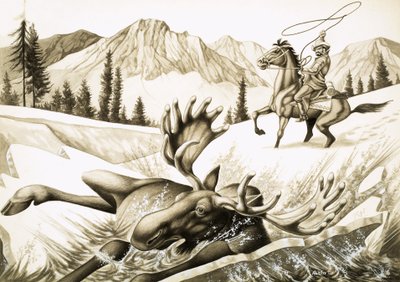 A cowboy in British Columbia lassoes a bull moose by English School