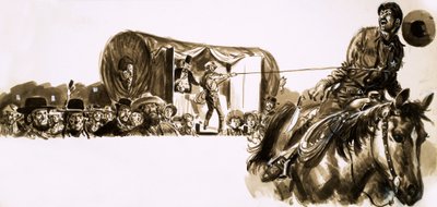 A cowboy is roped by a lasso as he rides away by English School
