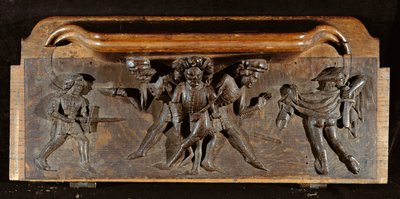 A damaged misericord depicting three men fighting with daggers and swords, New College Chapel, Oxford, late 14th century by English School
