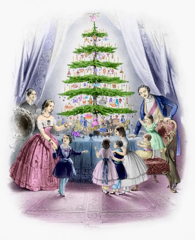 A family standing around a Christmas tree by English School
