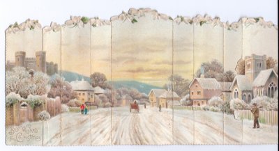 Victorian Christmas Card of a Castle and Church with a Man Carrying a Spade in the Snow by English School