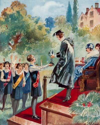 A fourth form triumph: a schoolgirl being presented with a trophy by English School