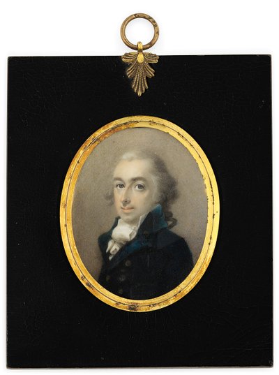 A gentleman called Pryce Edwards in blue coat, white cravat and powdered wig by English School