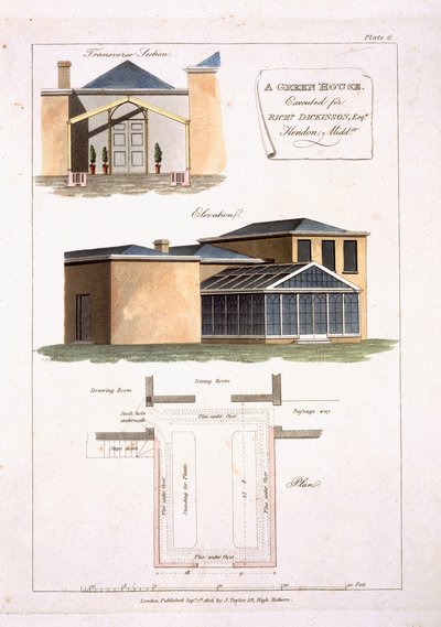 A Greenhouse with Gothic Detailing Attached to a Neo-Classical Style House for Richard Dickinson Esq at Hendon, Middlesex, 1806 by English School