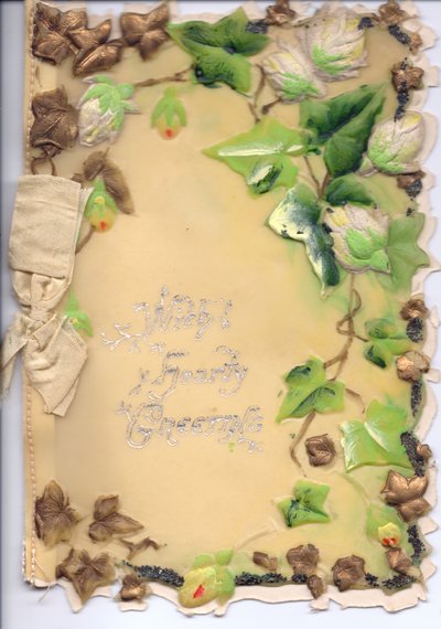 Greeting Card with Gold and Green Embossed Ivy and a Beige Bow by English School