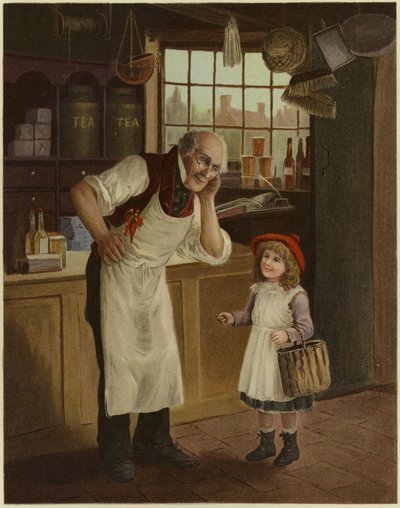 A Grocer Cups His Ear to a Small Girl in His Shop by English School