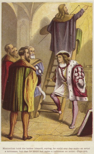 A Group of Men Stand Below a Ladder on Which an Artist Works by English School