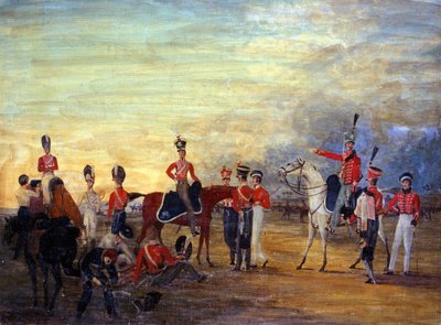 A group of mounted and dismounted officers and men of the Yorkshire Yeomanry in various orders of dress by English School