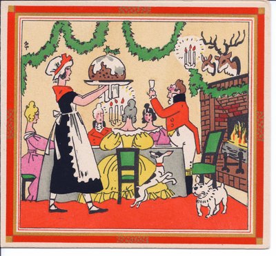 French Pochoir Christmas Card of a Maid Serving a Christmas Pudding by English School