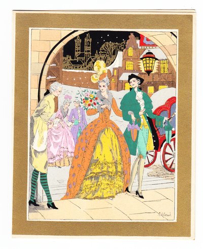 A hand-coloured French Pochoir Christmas Card depicting a footman greeting a pair of visitors in Regency dress, circa 1920 by English School