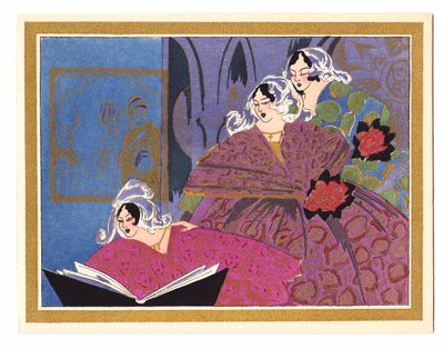 A hand-coloured French Pochoir Christmas Card depicting three ladies singing from a song book by English School