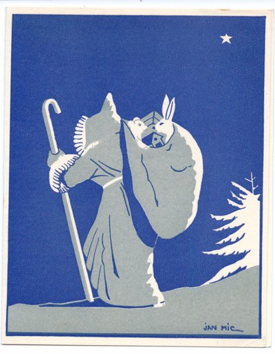 French Pochoir Christmas Card of Father Christmas in Silhouette, Walking with a Stick, c.1920 by English School