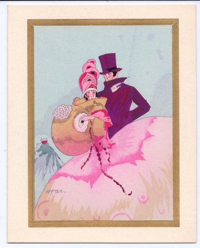 Hand-Coloured French Pochoir Christmas Card of a Regency Lady with a Muff, Accompanied by a Gentleman in a Top Hat by English School