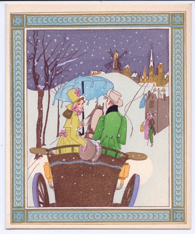 A Hand-Coloured French Pochoir Christmas Card of a Rencecy Couple in an Open Carriage Riding Through the Snow by English School