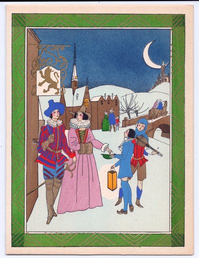 A hand-coloured French Pochoir Christmas Card of a Tudor scene of street musicians being rewarded for their performance by English School