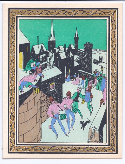 A Hand-Coloured French Pochoir Christmas Card of a Parade of Musicians Performing in the Ramparts of a Castle, c.1920 by English School