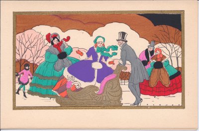 French Pochoir Christmas card of Victorian ice skaters with a sleigh, circa 1920 by English School