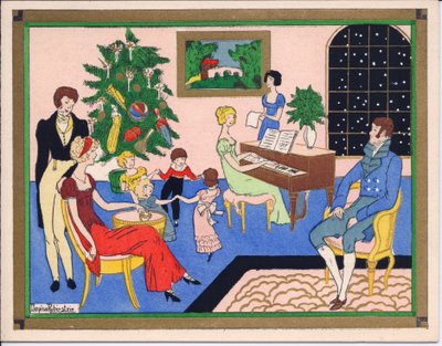 A Hand-Coloured French Pochoir Christmas Card of a Regency Family