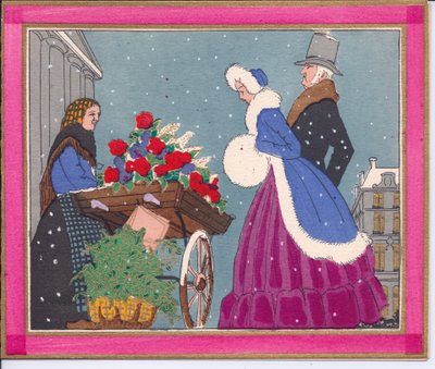 French Pochoir Christmas Card of Victorian Flower Seller by English School