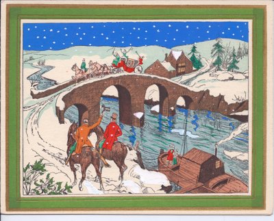 French Pochoir Christmas Card of a Carriage Drawn by Horses Crossing a Bridge with a Horseman Raising His Hat by English School