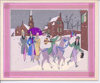 Hand-Coloured French Pochoir Christmas Card of a Donkey Led by a Top Hatted Man with a Lantern, and Ridden by a Man Blowing a Hunting Horn, circa 1920 by English School