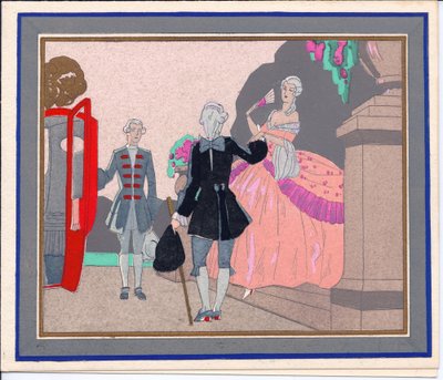 French Pochoir Christmas Card of a Grand Lady Entering Her Carriage by English School