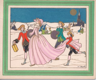 Hand-Coloured French Pochoir Christmas Card of a Lady in a Flowing Pink Dress Ice Skating with Attendants Holding a Lantern and Her Trail, circa 1920 by English School