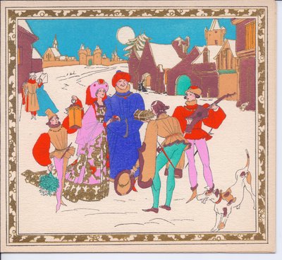 French Pochoir Christmas Card of Elizabethan Street Minstrels Entertaining a Lord and Lady by English School