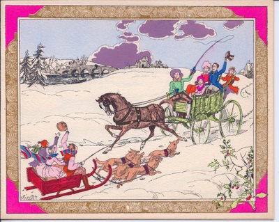 French Pochoir Christmas Card of a Sleigh with Children Pulled by Dogs and a Horse and Cart in a Snowy Landscape by English School