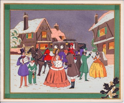 Hand-Coloured French Pochoir Christmas Card of a Village Scene with a Coach and Horses by English School