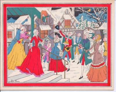 Hand-Coloured French Pochoir Christmas Card of a Winter Scene in Tudor Times, circa 1920 by English School