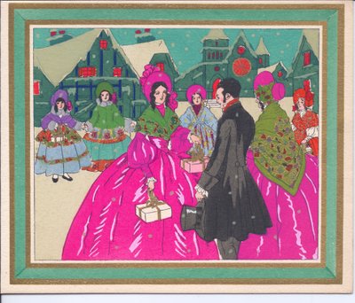 French Pochoir Christmas card of ladies in crinoline dresses and a gentleman in a frock coat and top hat, circa 1920 by English School