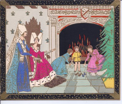 A Hand-Coloured French Pochoir Christmas Card of Medieval Ladies Wearing Butterfly Hats and Children in Front of a Large Fireplace Warming Their Shoes by English School