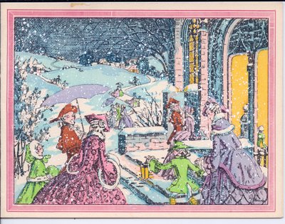 French Pochoir Christmas Card of Party Goers Arriving at Mansion by English School