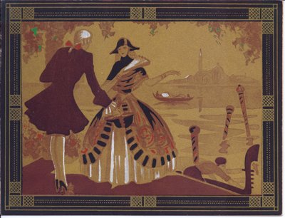 A Hand-Coloured French Pochoir Greeting Card of a Venetian Scene, c.1920 by English School