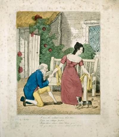 A hand coloured lithographed scene of a man proposing, c.1800 by English School