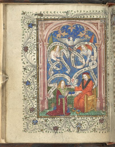 A kneeling pupil, perhaps representing the author, Norton, receiving a book from his master, with angels, written scrolls and a dove above. Ordinal of Alchemy. Thomas Norton 4th quarter of the 15th century by English School