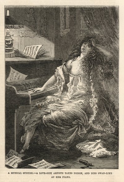 A love-sick artiste takes poison, and dies swan-like at her piano by English School