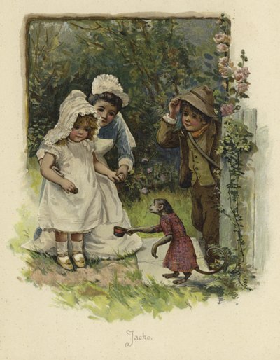 A Maid Kneeling Beside Two Young Children as a Monkey in a Dress Holds Out a Cup by English School