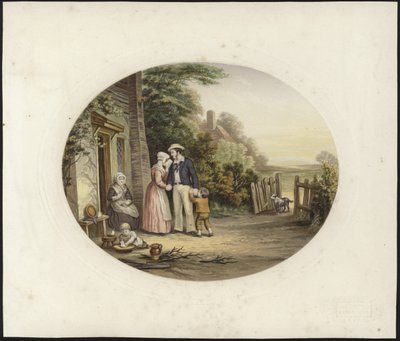 A man stands with his family by the entrance of a house by English School
