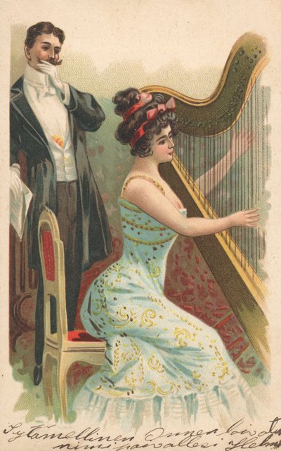 A Man Watching a Woman Playing the Harp by English School