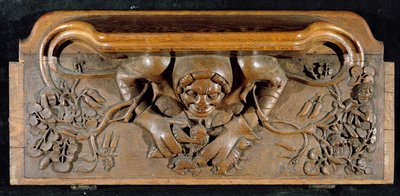 A misericord depicting an ogre with enormous shoulders, New College Chapel, Oxford, late 14th century by English School