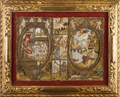 A Needlework Book Binding Depicting Religious Scenes with a Seated King and an Angel Addressing a Man by a River by English School