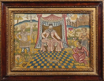 A Needlework Picture Depicting King Ahasuerus Seated Beneath a Canopy, Holding Out His Sceptre to Esther by English School