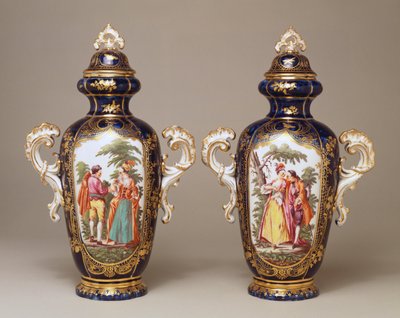 A pair of Chelsea blue-ground lobed tapering oviform vases and covers depicting lovers among trees, c.1765 by English School