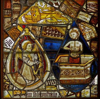 A panel in the east window depicting Christ of Pity rising from the tomb, a musician angel with a harp, and St Mark